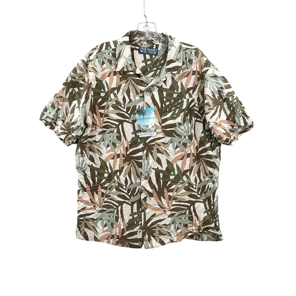 Free‎ Planet Button Down Shirt Mens Medium Brown NWT Tropical Palm Viscose Linen